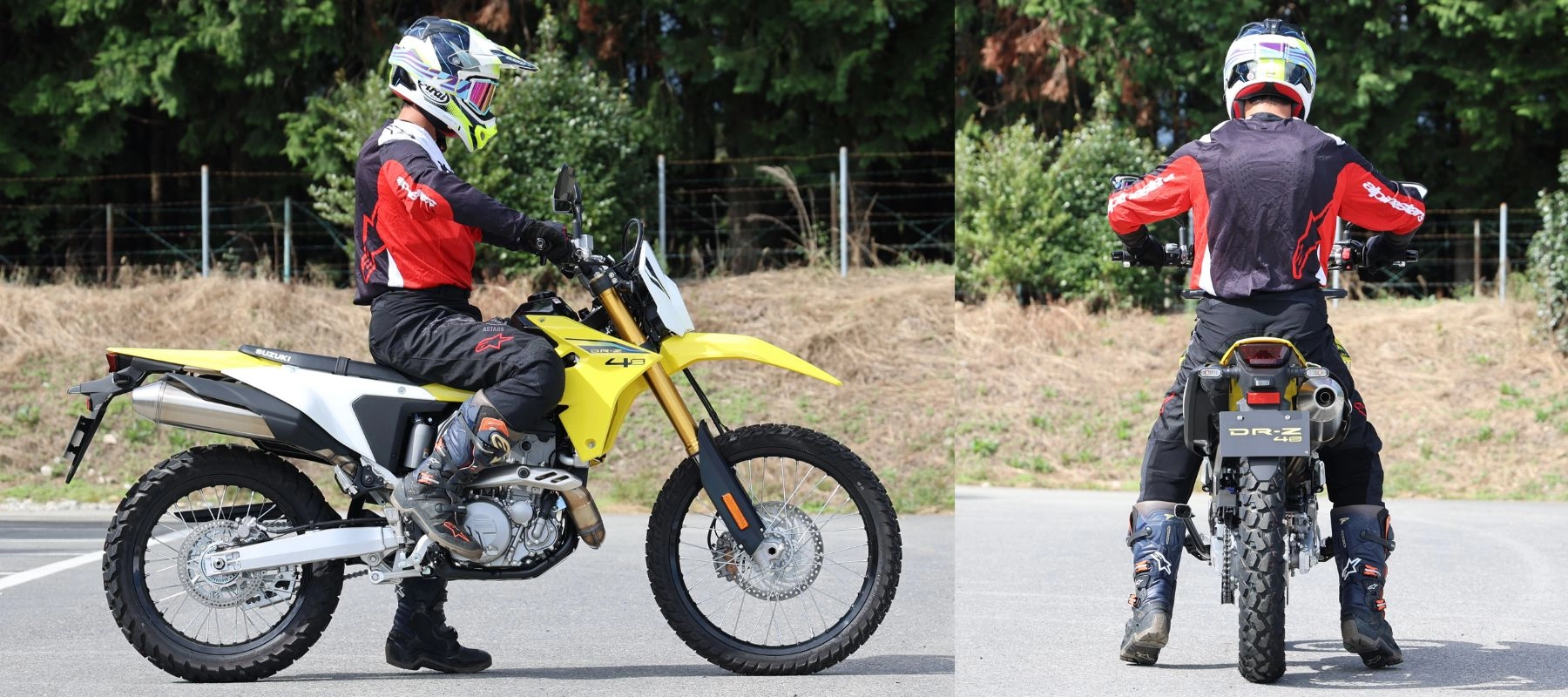 スズキの400ccオフロードモデルDR-Z4S(日本仕様)のシート高は890mm。身長172cm・体重75kmの谷田貝 洋暁(筆者)の場合、踵が4、5cm浮く。