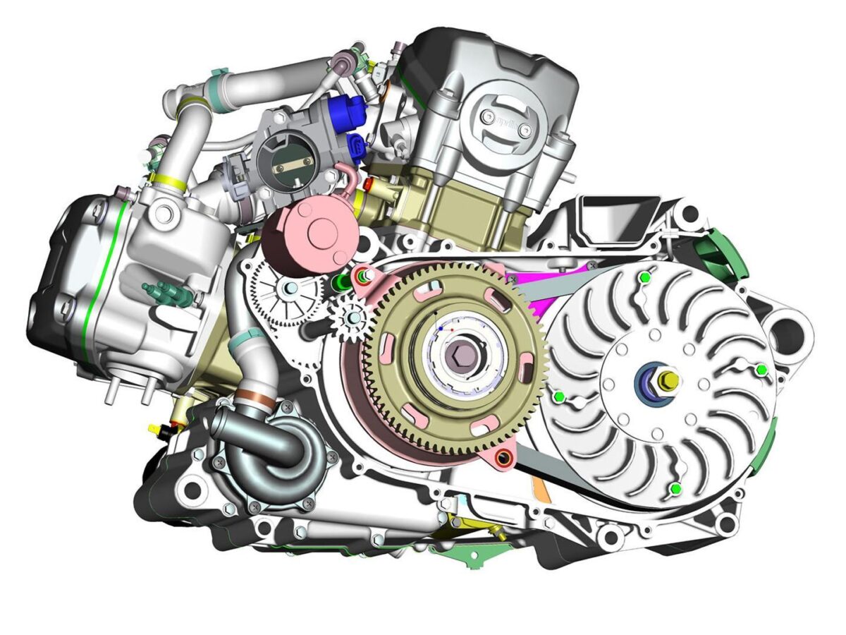 アプリリア MANA GT850ABSのエンジンにはギヤボックスの代わりにCVTのユニットが組み込まれている。