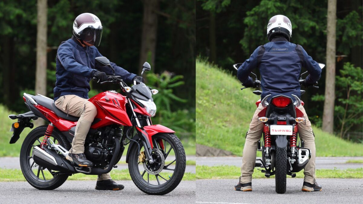 CBF125Rのシート高は760㎜とネイキッドの中でも低め。さらに車体も細身なので筆者(谷田貝 洋暁/身長172cm/75kg)の場合、踵までベッタリ付けられてしかも膝に大きな余裕が残る。CBF125Rは足つき性がよく、初心者にもオススメ。ライディングポジションは背筋がほぼ垂直となり、膝もほぼ90度に曲がるためとても楽チンで窮屈なところがない。