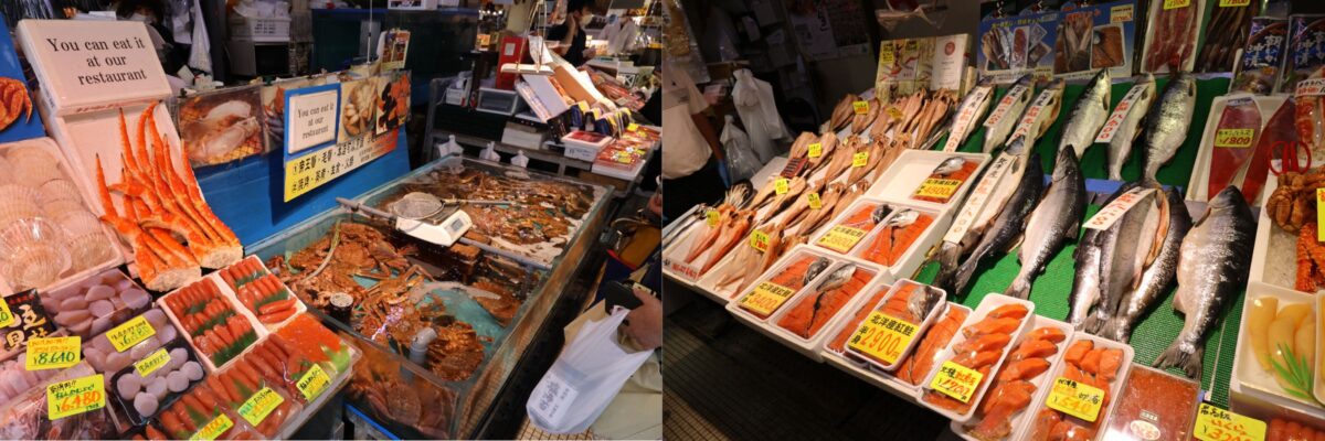 シャケからカニからもう目移りするほどの海産物。しかも買ったものはその場で調理して食べられるのがいい。