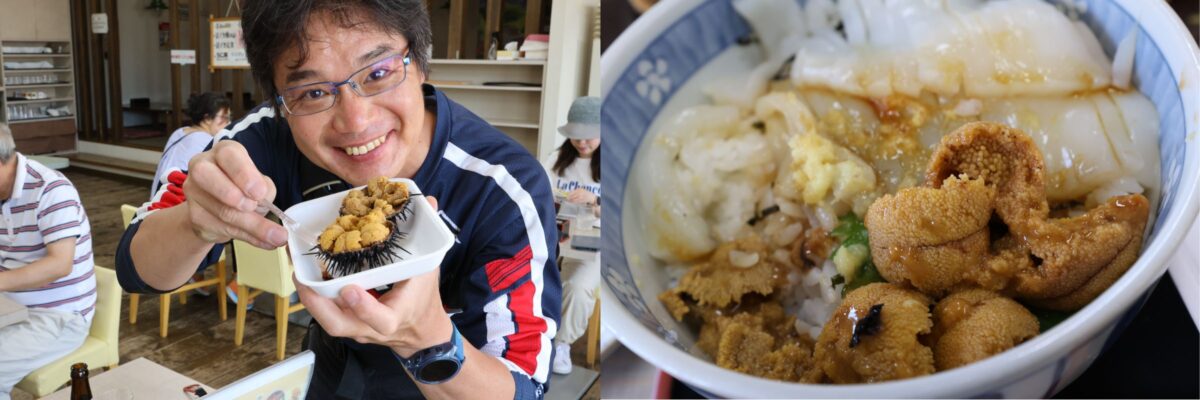 “1階の市場で購入したものを持ち込んでOK”と聞いて殻付きウニ（1000円）を追加！　途中で思いついたもので絵面がちょっと汚いがイカとウニの他人丼が最高に美味かった！！