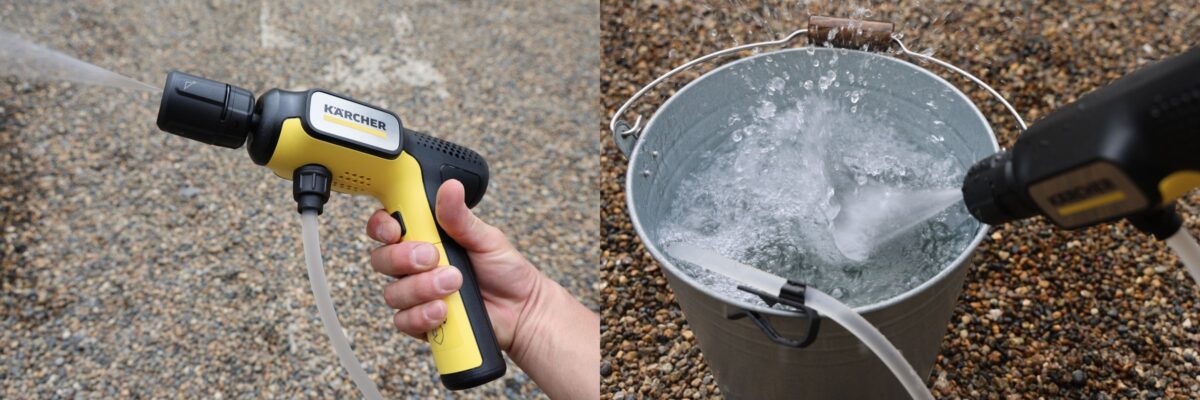 トリガーを引けば即稼働。水流の強さは「標準」の「強（ブースト）」状態でこんな感じ。体感的にはホースを手で握りつぶしたくらい。コンクリートに向けた場合に色落ちさせるほどの洗浄能力はなく、水流に手をかざせるくらい。