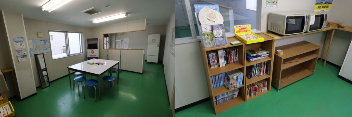 仲間と明日のツーリングの予定を立てたり、居合わせたライダーとバイク談義できそうな談話室。