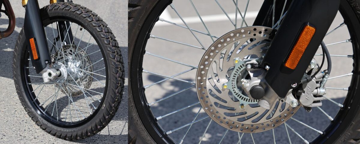 フロント21インチホイール&リヤ18インチのフルサイズ。ブレーキディスク径は先代のF250/R220mmからF270/R240mmへ。タイヤはIRCのGP-410ATをベースに内部構造とコンパウンドを専用チューニング。