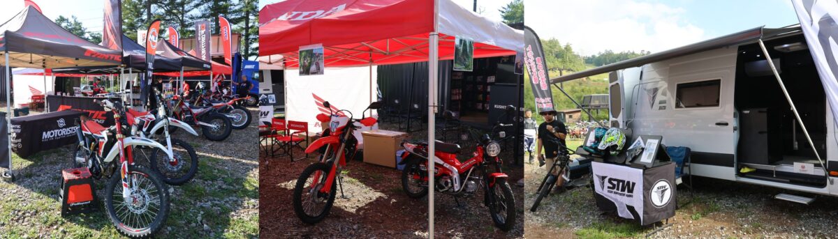 ホンダ、ファンティック（モータリスト）といった車両メーカーをはじめ、オフロード用品のダートフリークやスズキトランスポーターワークス（STW）、エトスデザイン（Tenaci-Wong JAPAN ）もブース出展。