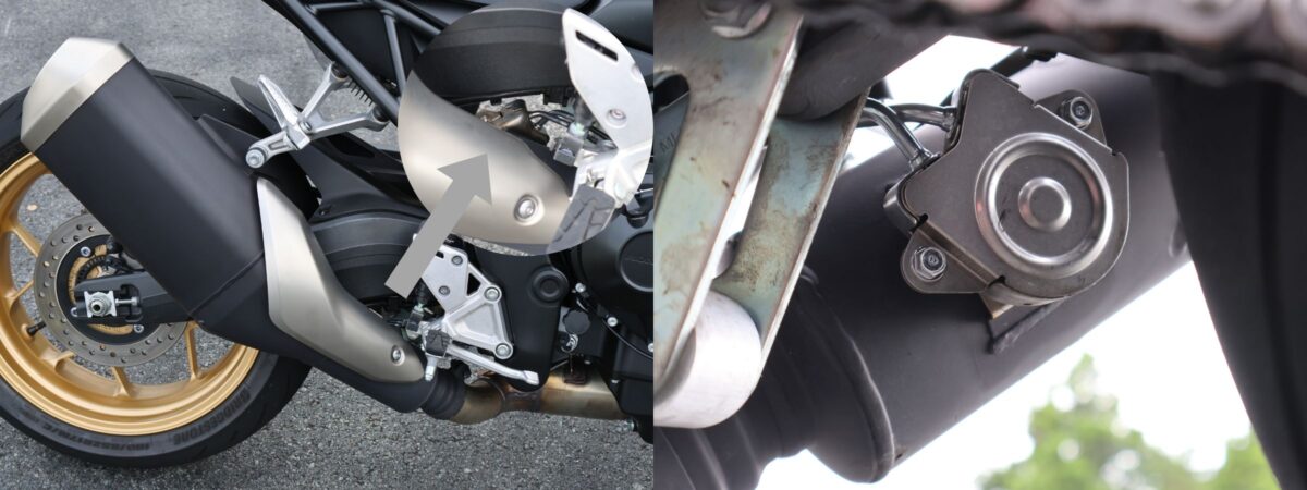 CB1000ホーネットSPの『排気デバイス』。サイレンサーと一体になっており、マフラー交換すると『排気デバイス』の効能は失われてしまう。