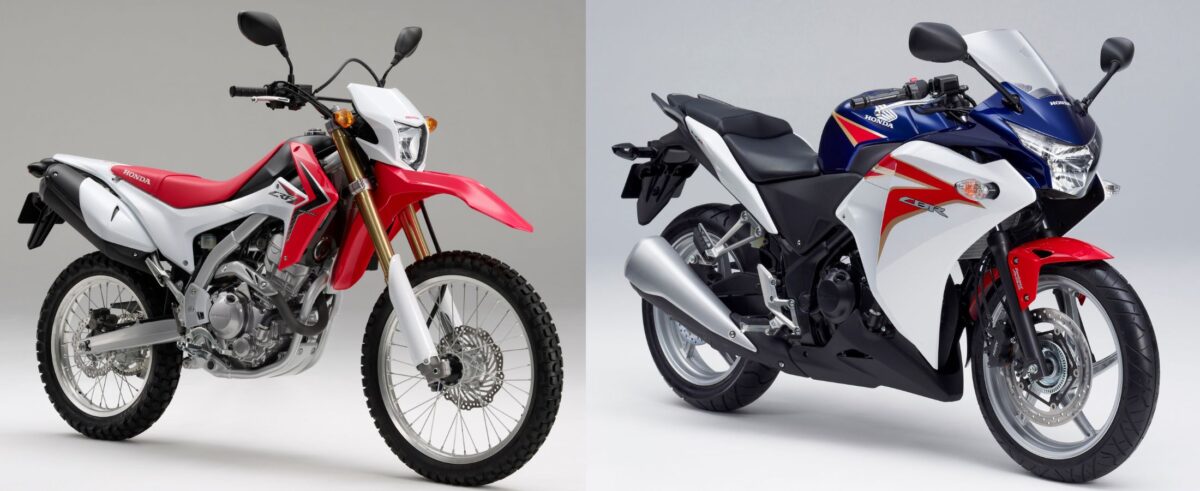 CRF250L(左/2012年登場)とCBR250R(右/2011年登場)。CRF250Lへの転用を見越して開発が行われたが、そのキャラクターはロードセクション重視。ただし2020年のフルモデルチェンジでギヤ比を変更するなどエンジンキャラクターはオフ寄りに改められた。