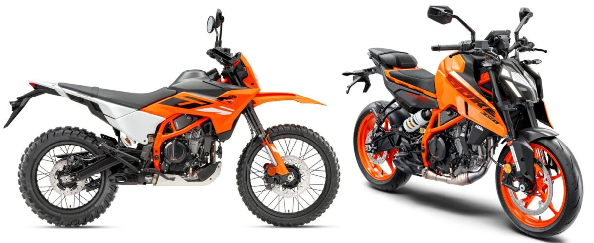 2025年9月に発売となったKTM 390エンデューロR(左)。この390エンデューロRは、エンジンをネイキッドモデルの390DUKE(右)と共用する、KTM初の普通二輪免許で乗ることができる『トレールバイク』だ。