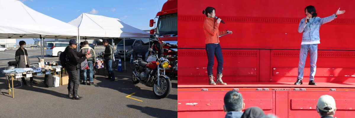 二輪系のYouTuberなどのインフルエンサーも多数来場。ステージイベントなどで会場を大いに盛り上げた。写真は右は、ラフ＆ロードなどでのウエアモデルも務める森公平さん。
