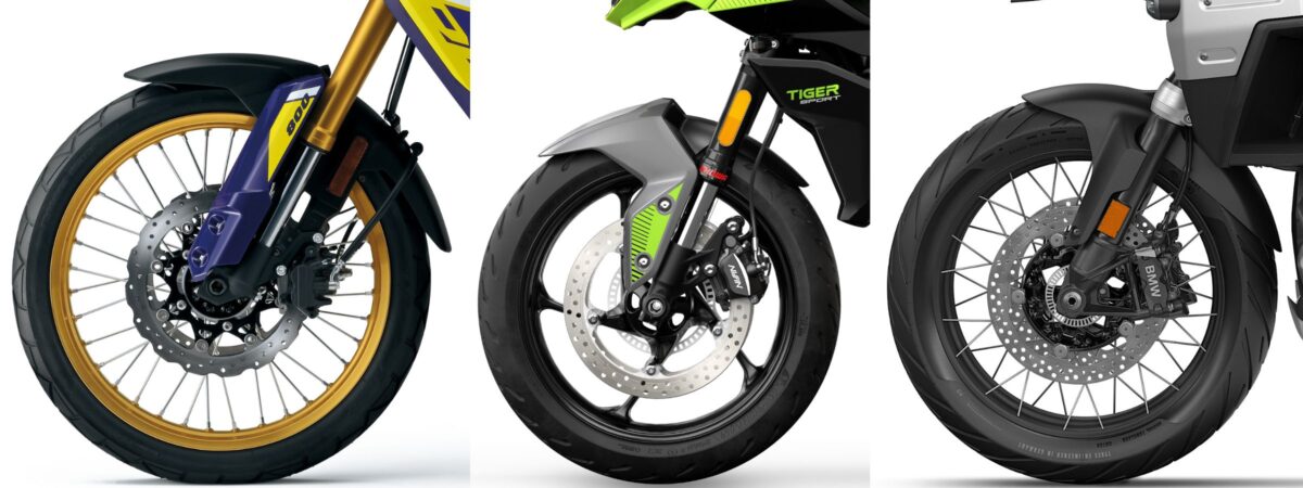 『アドベンチャーバイク』は足元を見ればキャラがわかる!? 右からフロント19インチホイール、中17インチホイール、左21インチホイール。