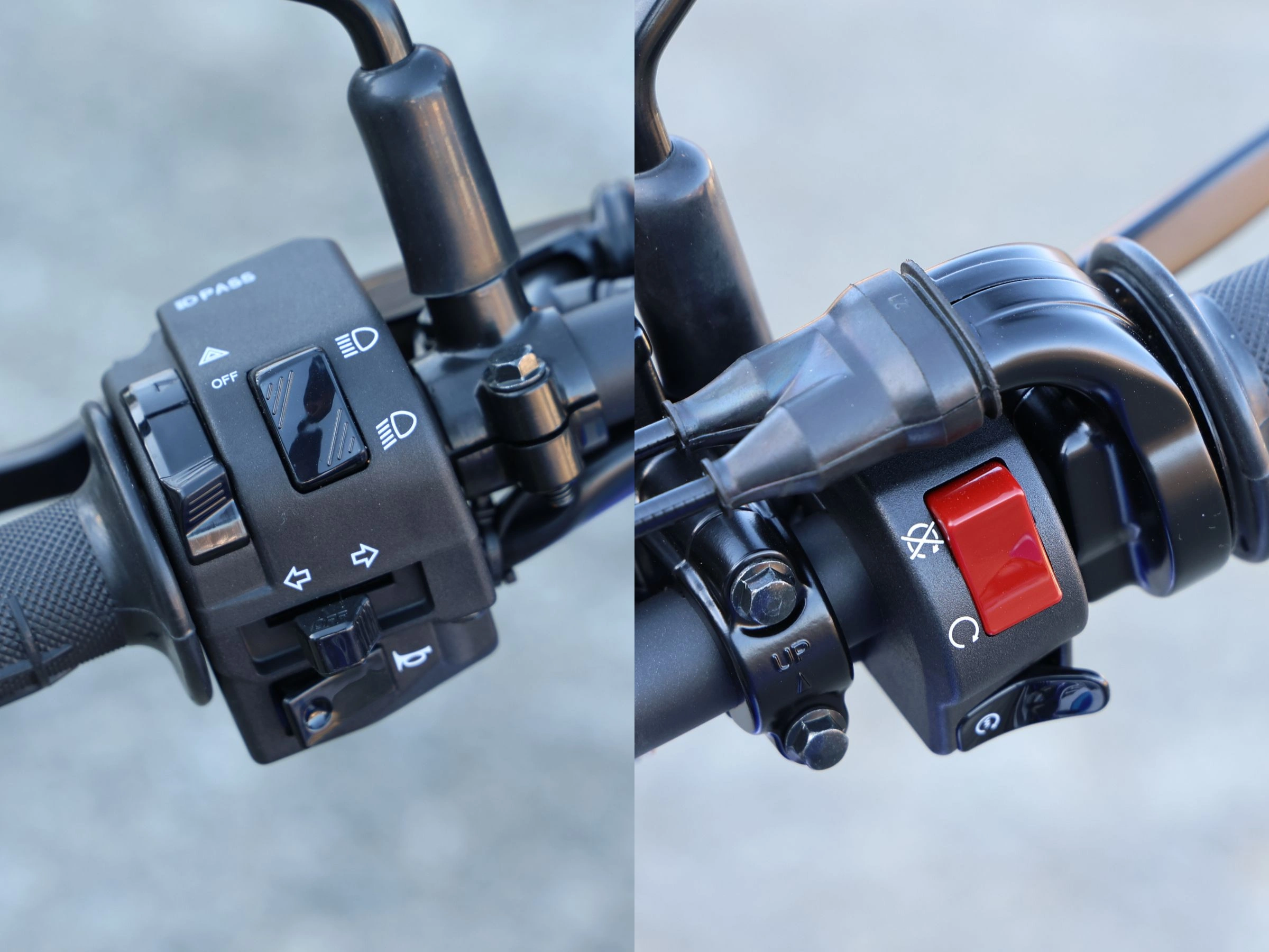 左スイッチボックスは、ディマ、ウインカー、ホーン、パッシング、ハザードスイッチ。右スイッチボックスは、キルスイッチとセルスターターボタンのシンプルな構成。