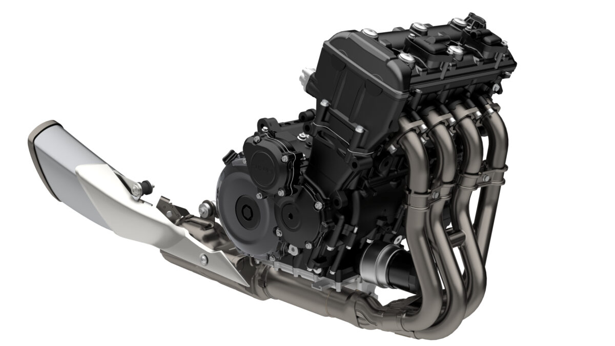 写真はGSX-S1000シリーズの直列4気筒エンジンとエキゾーストパイプ&マフラー。4つのシリンダーから伸びているエキゾーストパイプがまとめられて最終的に1本なっている……これが『集合管』だ。