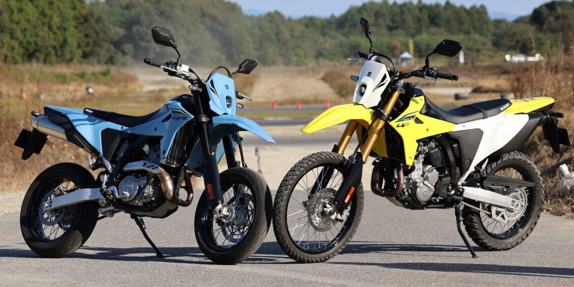 久々に復活した400ccオフロードモデルのスズキ　DR-Z4シリーズ。トレールバイクのDR-Z4SとDR-Z4SMがあり、左のDR-Z4SMの方が『モタードモデル』。