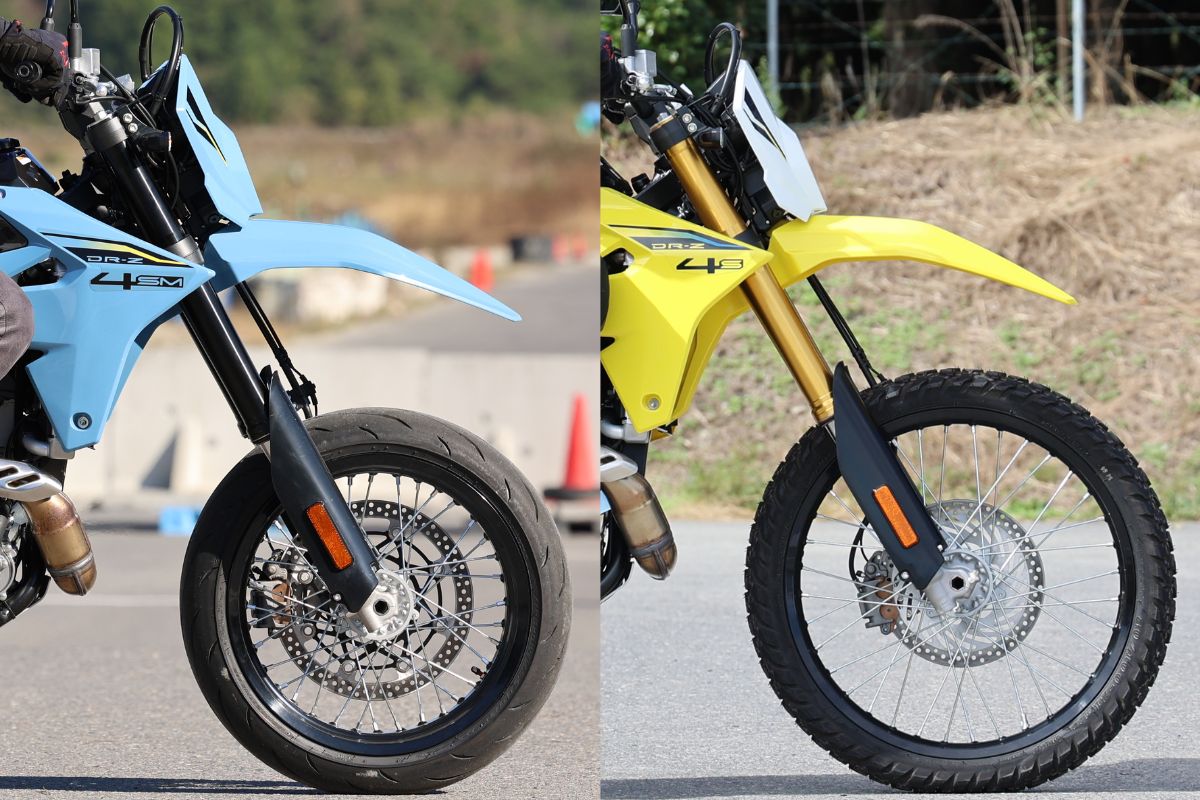 ブレーキに関しても、フロントブレーキはトレールよりも、より高いストッピングパワーを求めて『モタードモデル』にはフローティングマウントやより大径化されたディスクが採用される。またフロントフォークもトレールバイクが正立フォークで、『モタードモデル』が倒立フォークなんてことが多く、『モタードモデル』の方がオンロード走行を踏まえ硬めのセッティングとされることが多い。