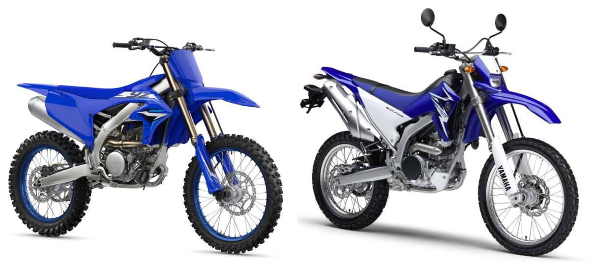 左がモトクロス用の『コンペティションモデル』であるYZ250F(2026年モデル)で、右がトレールバイクのWR250R(2007年モデル)。同じヤマハが作るオフロードモデルであるが全く別物だ。