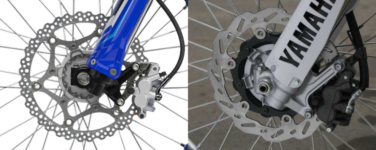 左が『コンペティションモデル』YZ250Fのフロントブレーキで右がトレールバイク(WR250R)のディスクまわり。両車ともフローティングタイプのディスクで片押し2ポッドキャリパーであることも変わりないが、『コンペティションモデル』の方はディスクが薄くいかにも軽そうで、キャリパーもコンパクト。ブレーキフルードのリザーバータンクなどの容量も少なめだ。