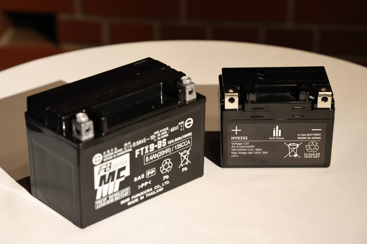 隼に引き続き新搭載となったリチウムイオンバッテリー（右）と従来型の鉛（MF）バッテリー。エリーパワーと共同開発しており、従来の軽量、長寿命、自然放電の少なさに加え、BMSによる回路遮断時にオーナーが自らヒューズ交換できる機能が追加されている。
