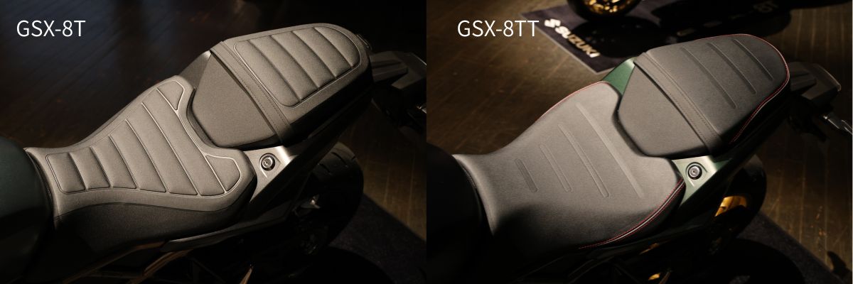 左がGSX-8Tのシートで、右がGSX-8TTのシート。8Tはよりクラシカルなタックロールシート風のデザインで、8TTがスポーティスタイル。クッションには高密度ウレタンフォームを使い快適性にも拘っている。