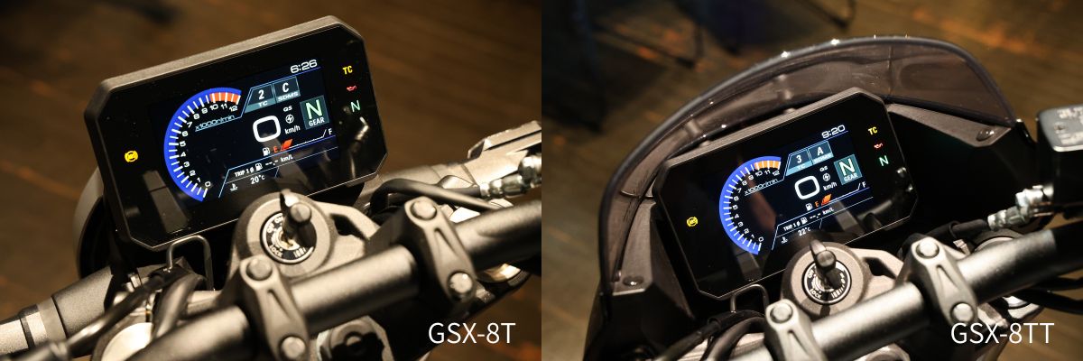 メーターハウジングはもちろん、ライディングモードなどの機能も共通。8TTはビキニカウルがあるため風防効果がアップ。カウルの玉縁で風の流れをよくするような工夫も盛り込まれている。