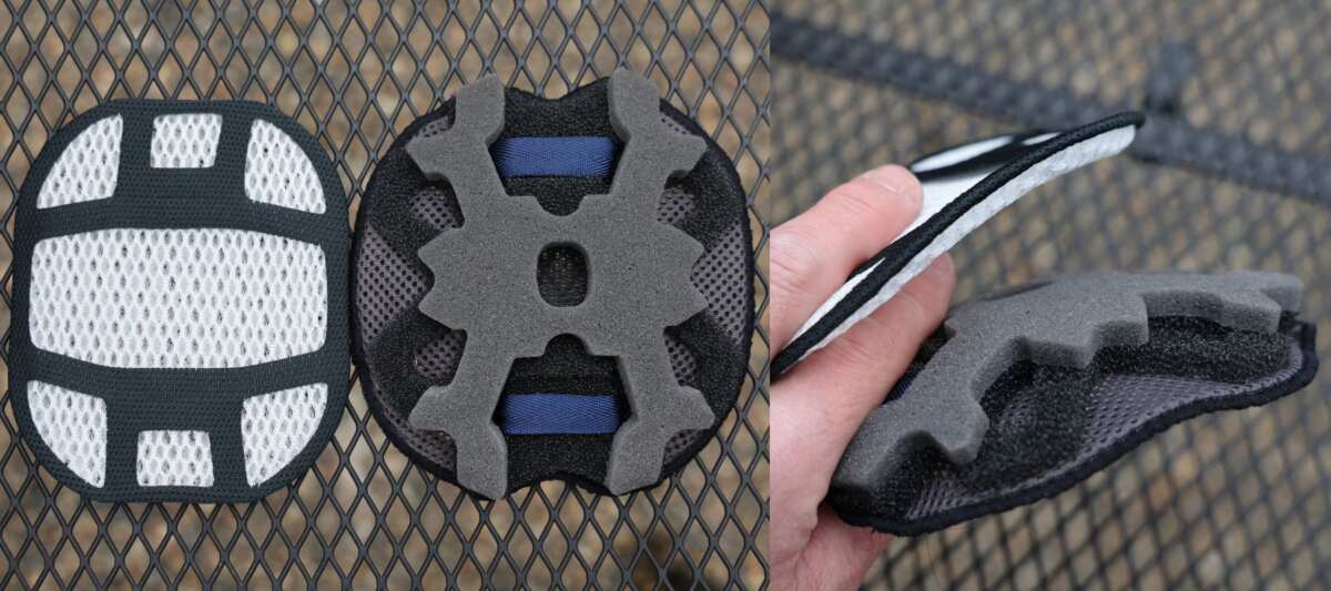 『エアスルーメッシュパッド(仮)』が左で、右がノーマルの頭頂部のパッド。ノーマールのパーツは厚みの違うウレタンフォームを組み合わせているため厚みがある。『エアスルーメッシュパッド(仮)』