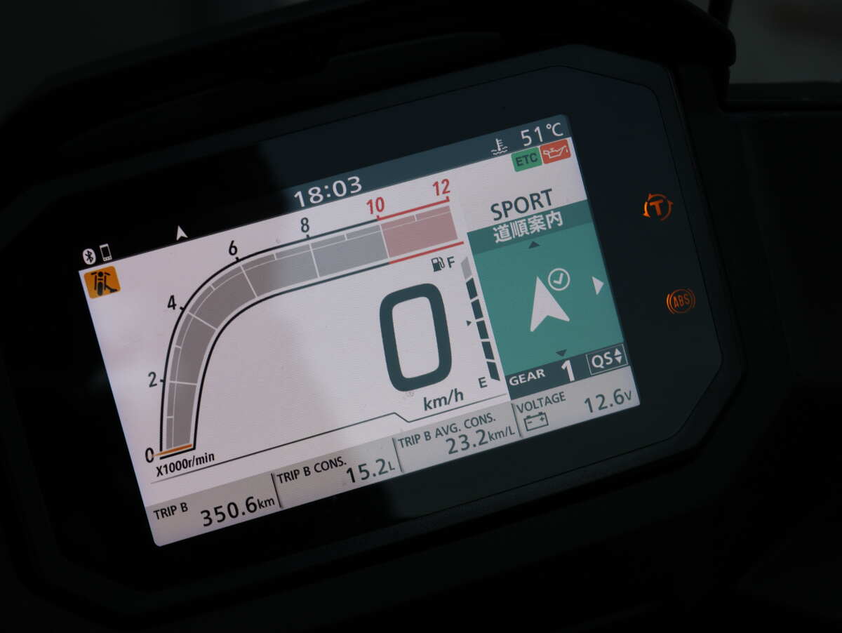 ホンダのHSVCS（ホンダ・スマートフォン・ボイス・コントロール・システム）は、Bluetoothインカムとの併用を前提に、音声入力でスマートフォンアプリをコントロール。音楽再生機能や目的地検索などが音声入力で行え、メーター画面には矢印を表示。距離や転換点などは音声で案内する。写真はXL750トランザルプ（2023年モデル）のメーター画面。