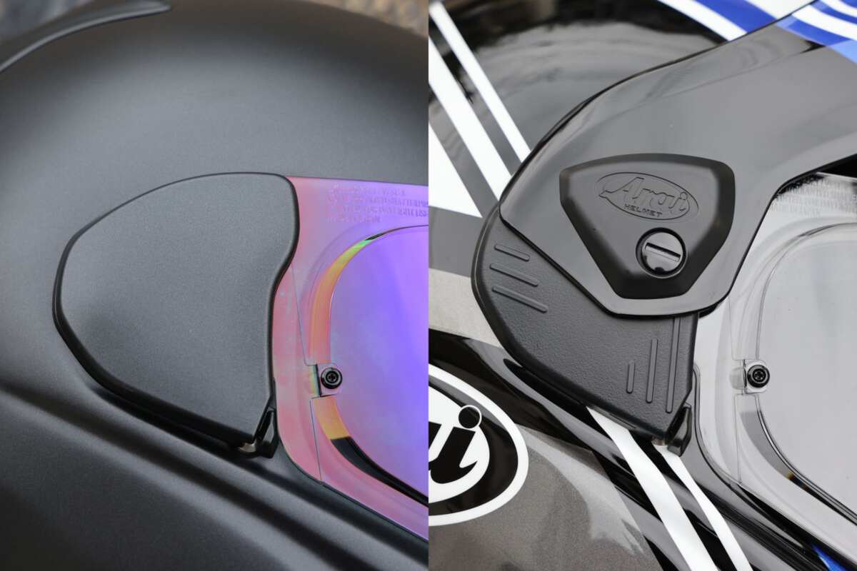 「TX ストラーダ（左）」と「ツアークロスV」（右）のホルダー部分。帽体が同型の兄弟モデルではあるがホルダー部分の構造が違う。