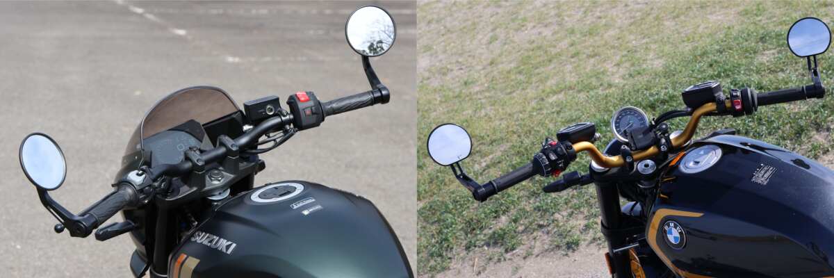 左の写真はスズキのGSX-8TTのバーハンドルで1本の棒状のハンドルがトップブリッジの上にクランプされている。右はBMWのR12で、GSX-8TTよりもさらにアップライトでグリップポジションが大きく上に持ち上げられているのがわかる。