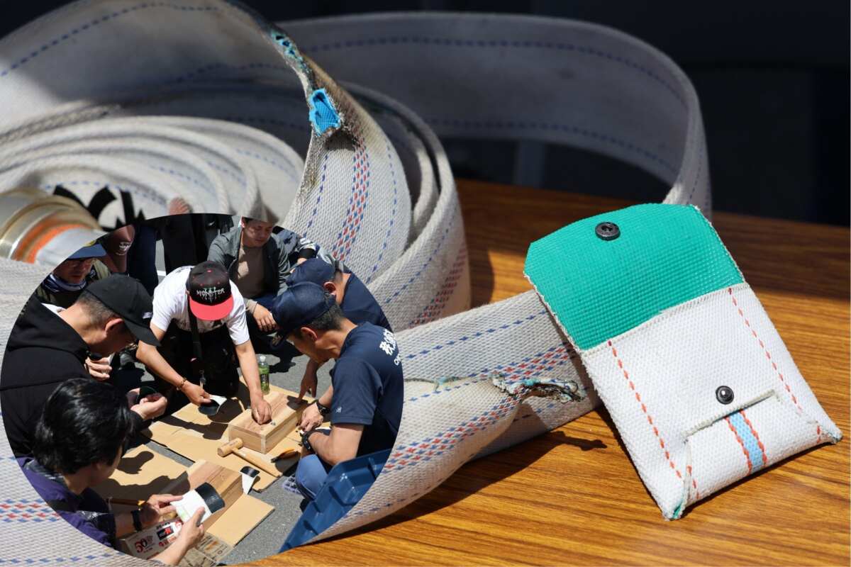 山火事の消防活動で使えなくなってしまった消火ホースを素材にした、限定50名のコインケースの体験製作はじゃんけん抽選になるほどの人気に！