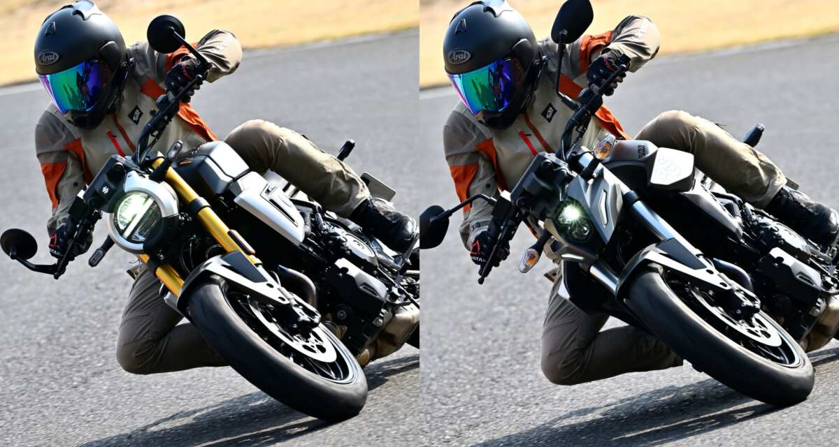 左がGSX-8Tで、右がGSX-8S。ほぼ同条件での試乗ができたおかげで、やはりGSX-8Sは、GSX-8T&8TTに比べて、不思議とスポーティなキャラクターである確信が持てた。