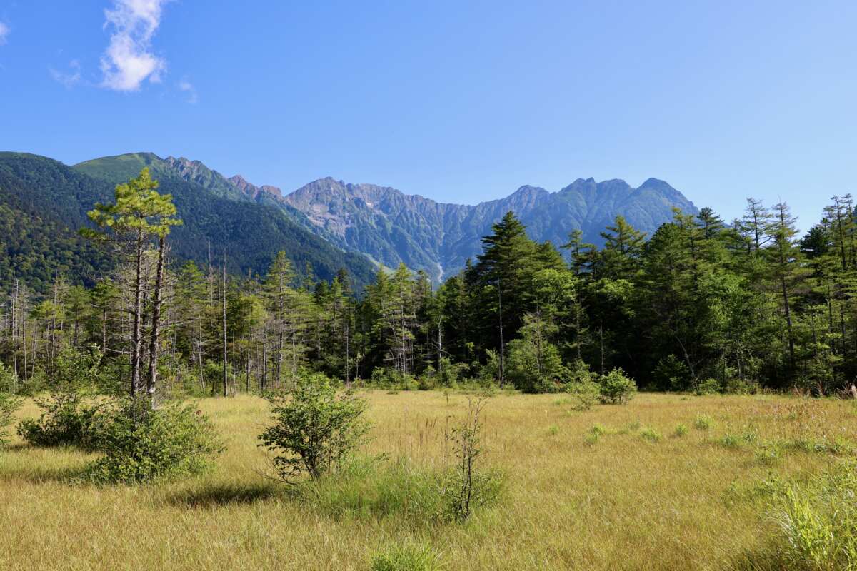 上高地の大正池＆田代池からは穂高連峰を一望。登山するかしないかはさておき、この北アルプスの代表的な景色を求めてやってくる観光客も多い。いずれにせよスッキリした山の姿を拝みたいなら午前中の行動がおすすめだ。