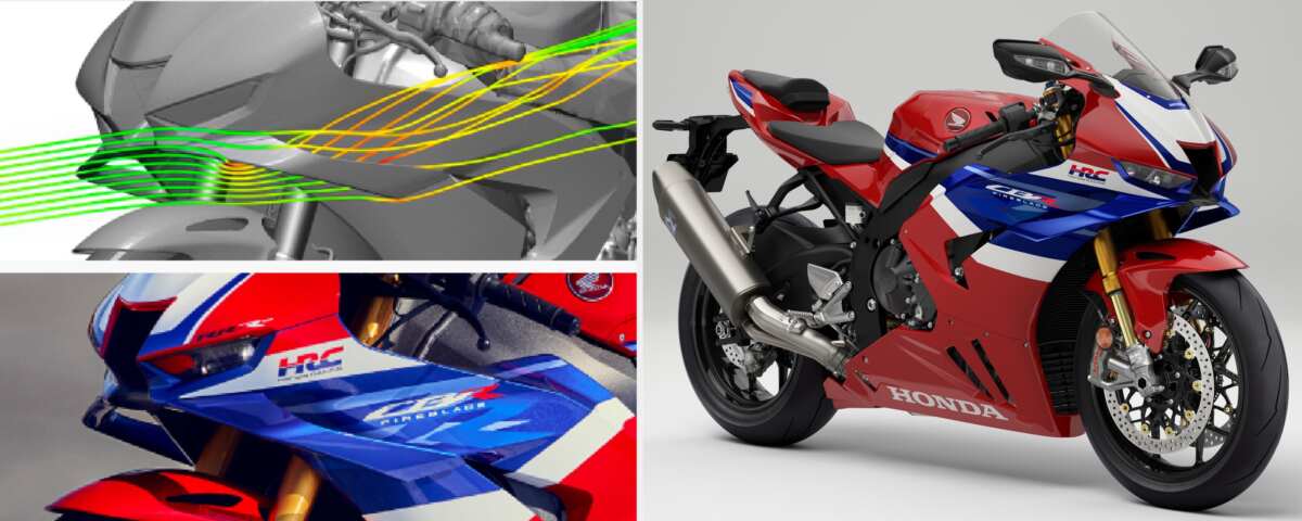 ホンダ・CBR1000RR-Rのエアフローイメージ。 『ウイングレット』の上面と下面で走行風の流速差をつけてダウンフォースを発生させている。空気の流れが赤く着色されているあたりがそのダウンフォースの発生ポイント。