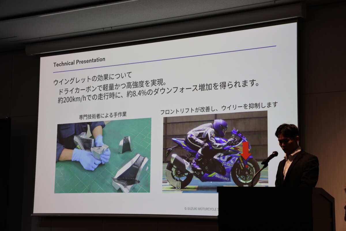 GSX-R1000Rの『ウイングレット』の場合、実際に走らせるとコーナリング時の安定感が増すのが感じられ、200km/hでは約8.4%のダウンフォース増加の効果を発揮するという。