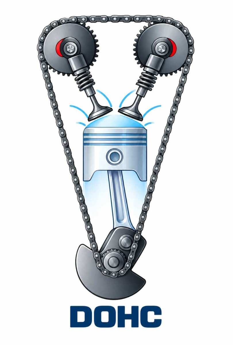「DOHC（ダブルオーバーヘッドカムシャフト）」の構造概念図。カムシャフトが２本になり、吸排気それぞれのバルブの動きを司っている。
