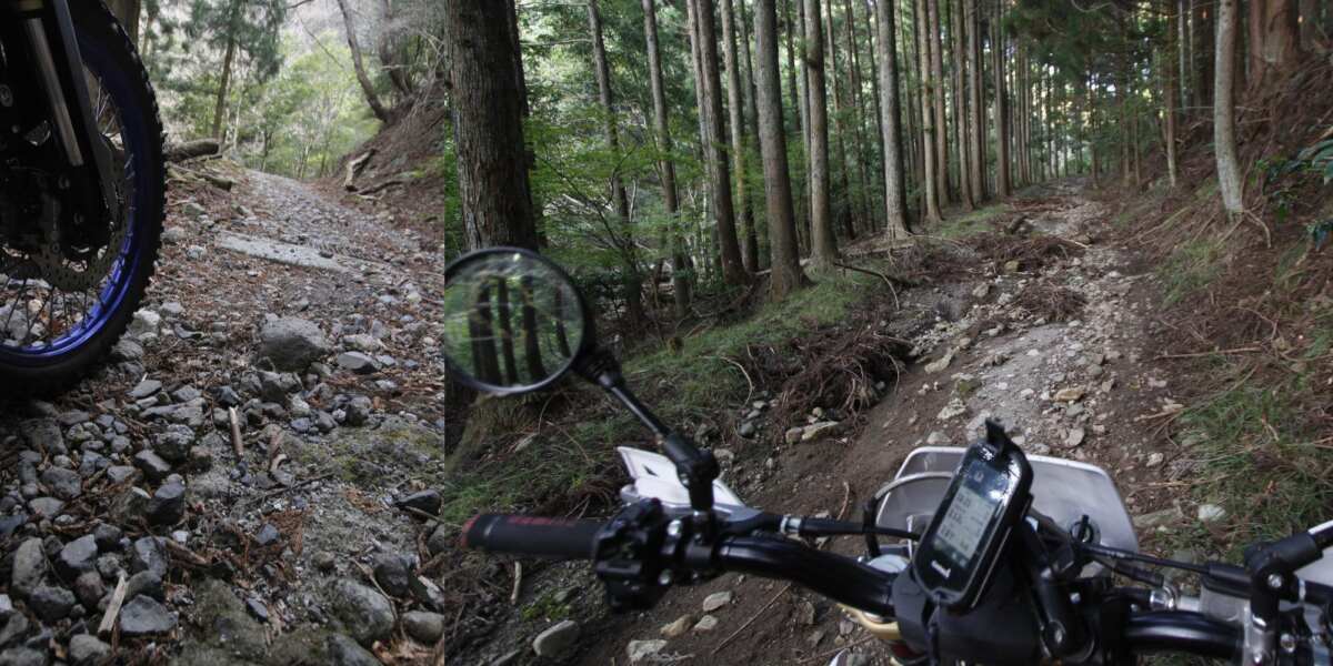 オフロードバイクに乗っていると、このくらいの荒れた林道でラインを選びながら走るのが楽しくなってくる。