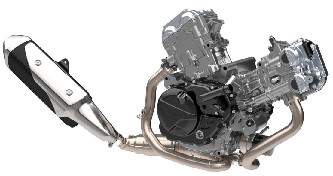 SV-7GXが搭載する645cc90°Vツインエンジン。排出ガス規制に対応したほか、新たに電子制御スロットルを装備し、モード切り替えやクイックシフターといった新機能を得た。